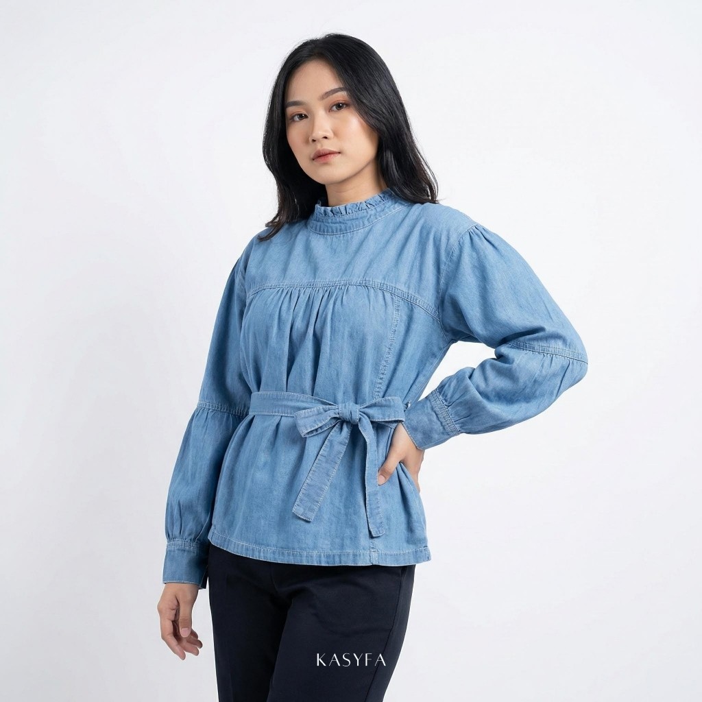 PROMO Blouse Denim Wanita Look Korean Style Kiana - Atasan Jeans Casual Modis Ikat Pinggang hg-33