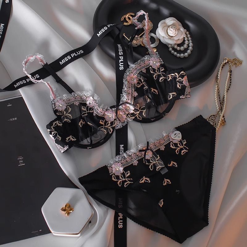 [Misteri Cinta][COD]Set bra ultra tipis renda bordir transparan baru dengan bra berkawat.