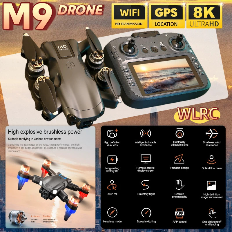 Drone Profesional M9 RC dengan layar HD, GPS 5G, Kamera HD Ganda, Quadcopter Lipat, Motor Tanpa Sika