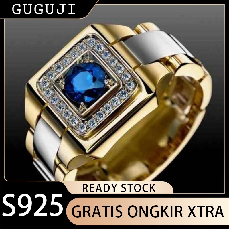 GUGUJI Cincin Emas 18K Dengan Batu Permata Biru Perhiasan Mewah Untuk Pria