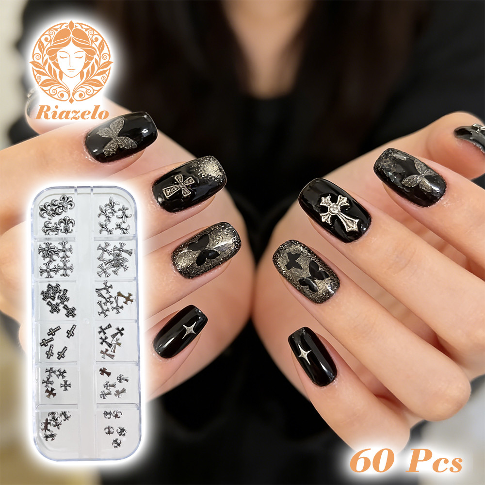 Set Aksesoris Kuku Campuran 60 Pcs Set Aksesoris Kuku Chrome Hearts 12 Bagian Aksesoris Kuku Logam C