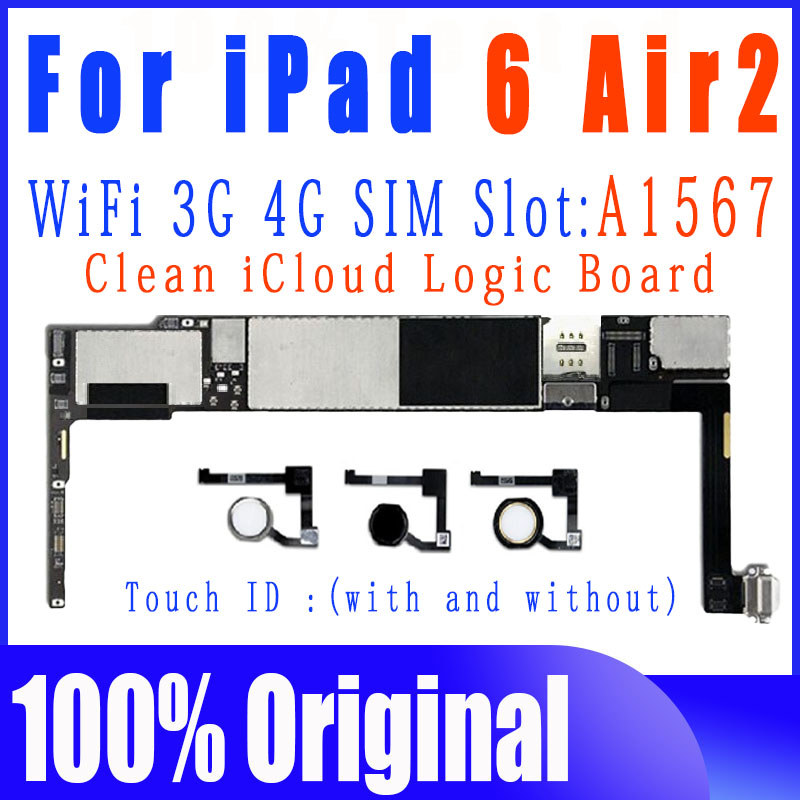 A1567 Motherboard For ipad 6 Air 2 mainboard Logic board Free iCloud withe tou id Wifi cellular 16GB