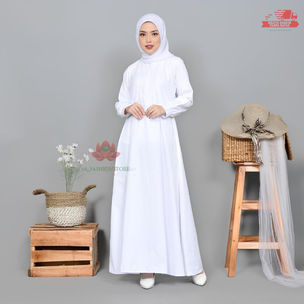 Nishantcoll- Gamis Putih Wanita Dress Basic Daily Simple Remaja Syari