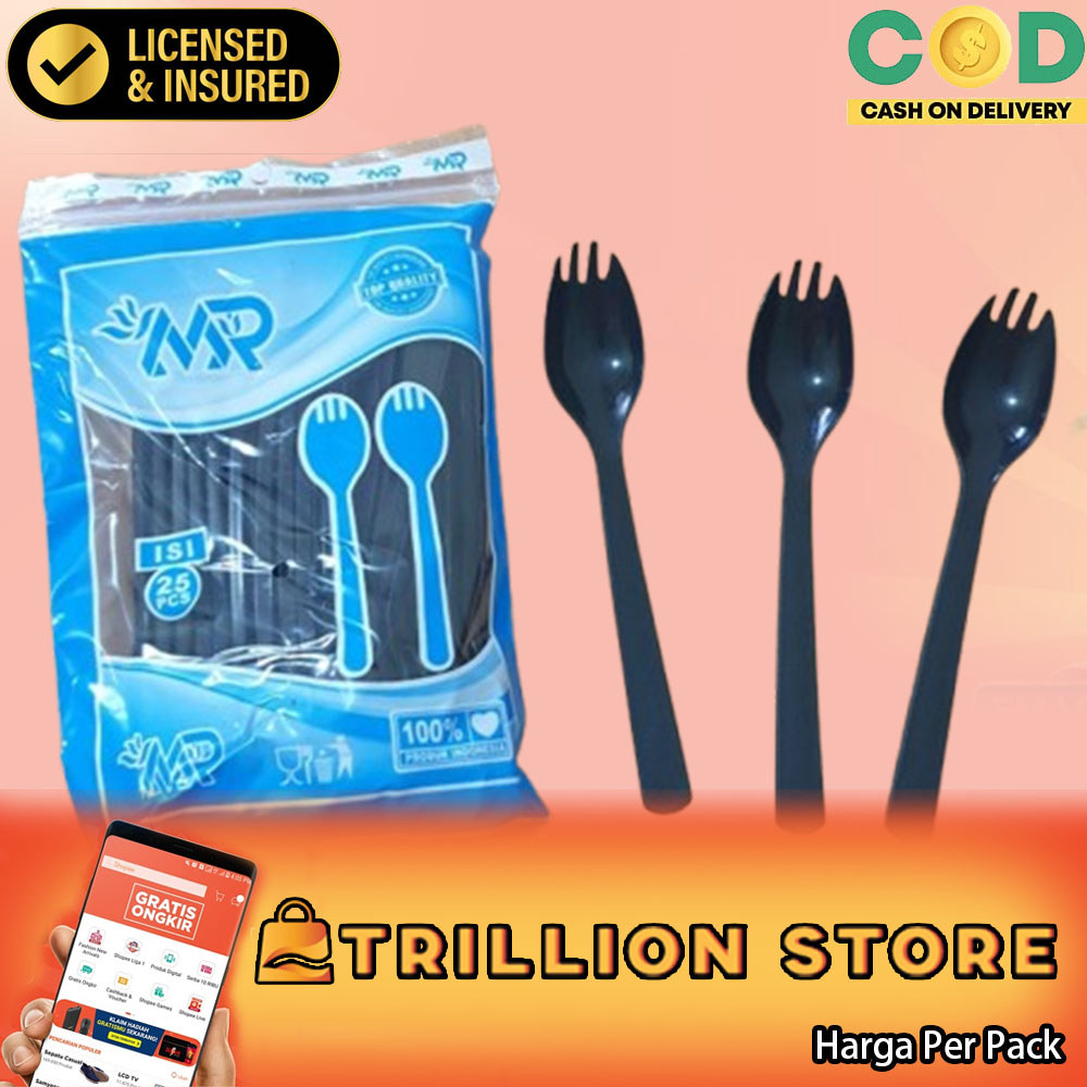 25 Pcs Sendok Garpu Plastik Hitam 2in1 Spork Alat Makan Kombinasi Travel Set Perlengkapan Camping Ou