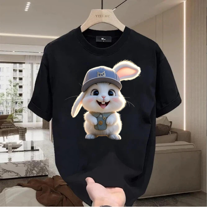 Kaos Pria Wanita Katun 220g Motif Kelinci Putih dengan Topi Baseball dan Rompi Jeans Lucu | Kaos Ove