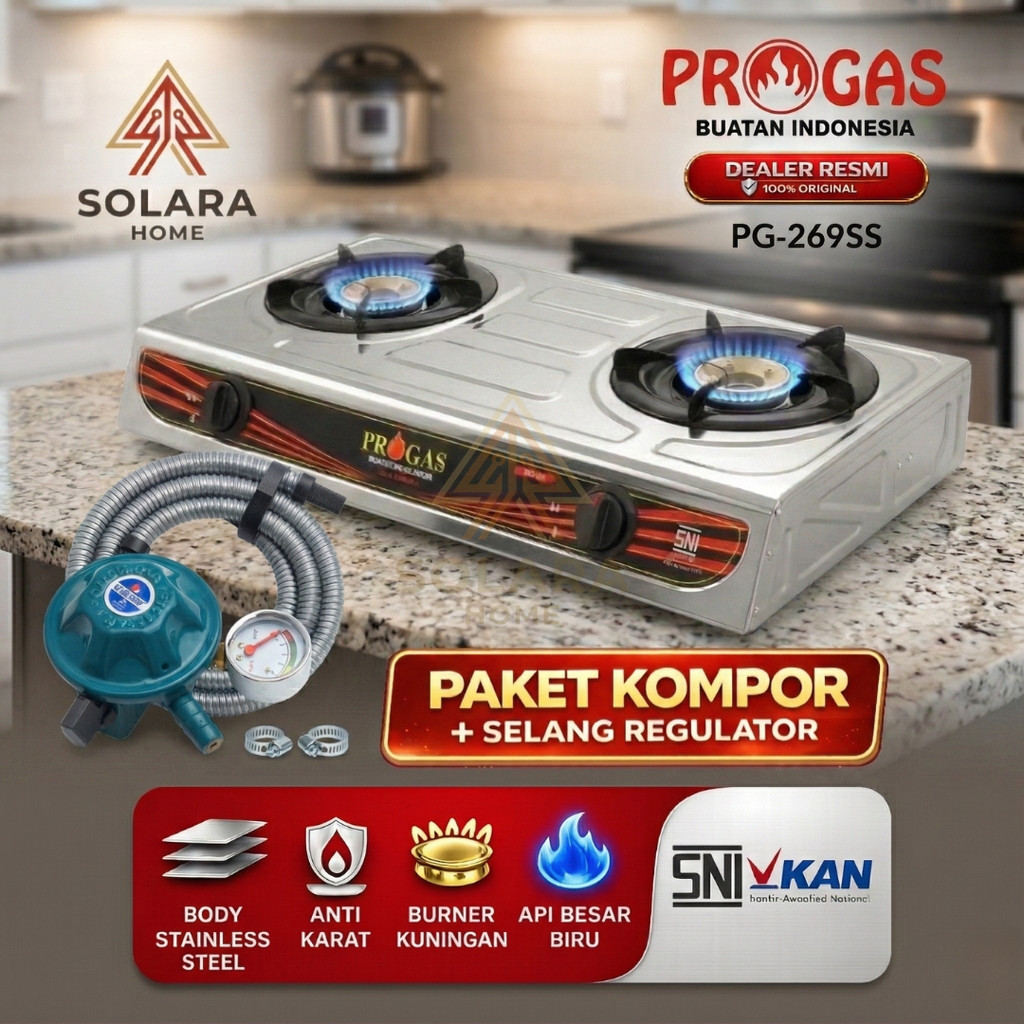 PROGAS Kompor Gas 2 Tungku Stainless Steel PG-269 Api Biru Kualitas Premium