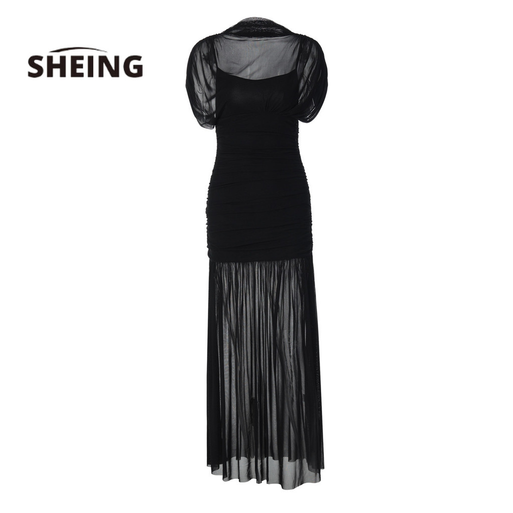 SHEING Dress Panjang Wanita Seksi Selebriti Gaya Pinggang Ketat Maxi Dress Long Dress