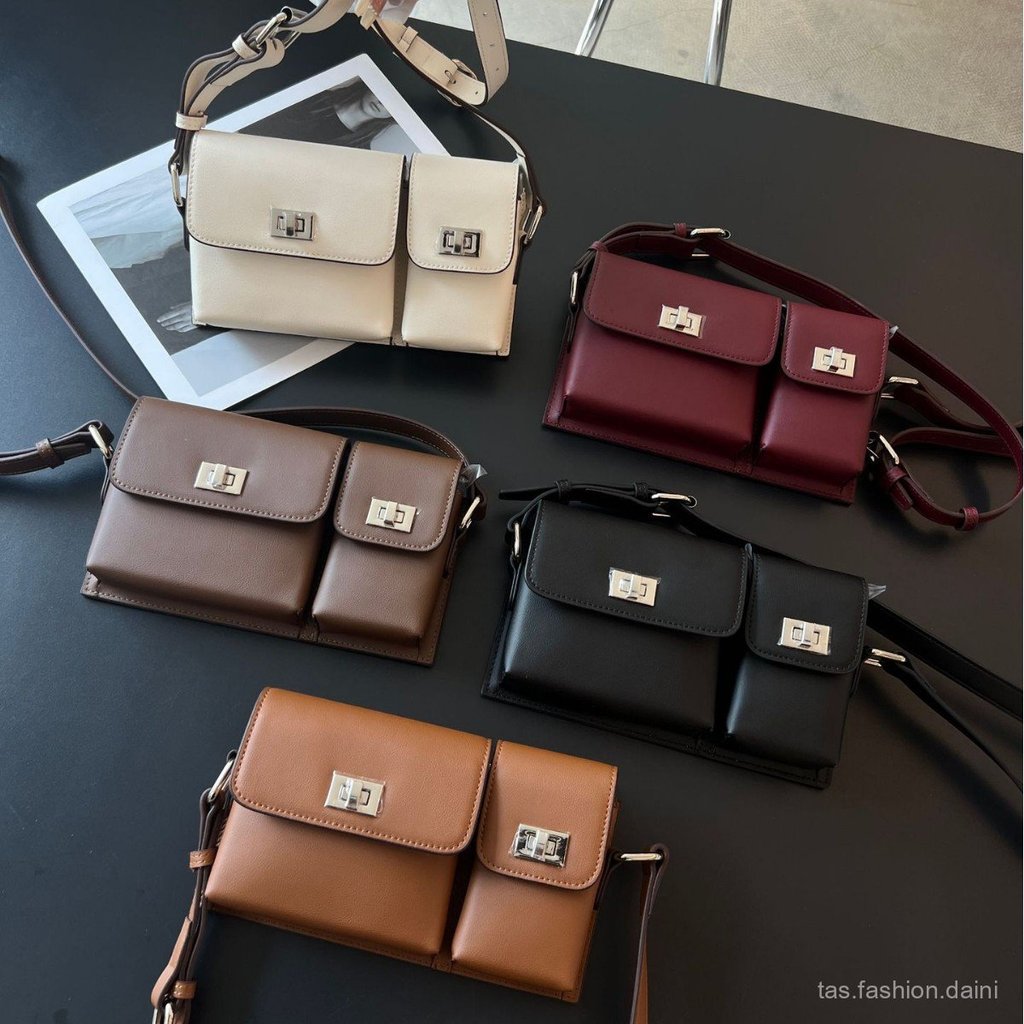 Tas Wanita Kulit Asli Tas Bahu Selempang Vintage Double Pocket Tas HP Mini
