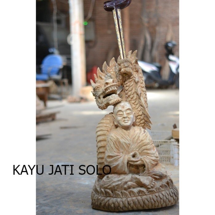 patung pahat alus kayu jati bikshu budha bertapa naga cina KJM 1122 Antikan Terlengkap KJS766