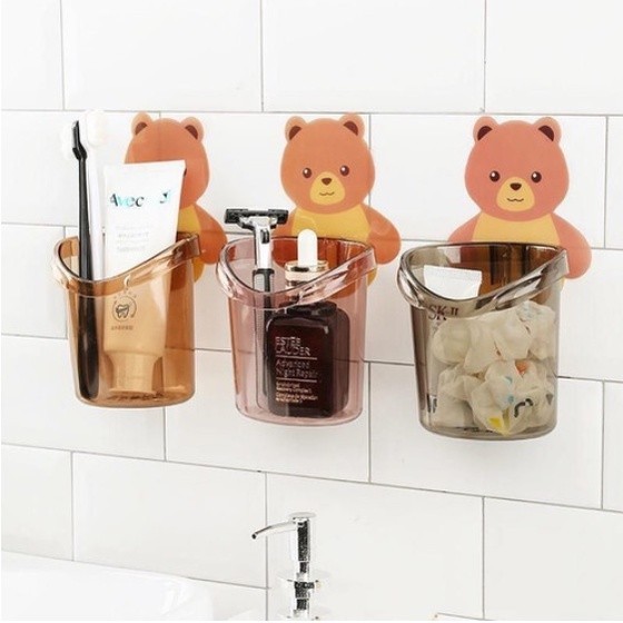 (AP)  Gantungan Tempat Sikat Gigi Odol Gambar Beruang Tempel Dinding / Rak Kamar Mandi Tempel Dindin