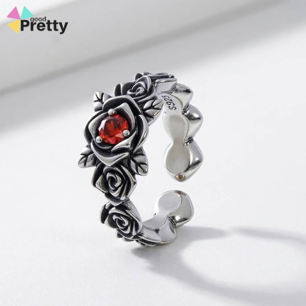 RECOMMENDED COD Cincin Mawar Perak 925 dengan Batu Merah Cincin Pria Wanita Adjustable Titanium Anti