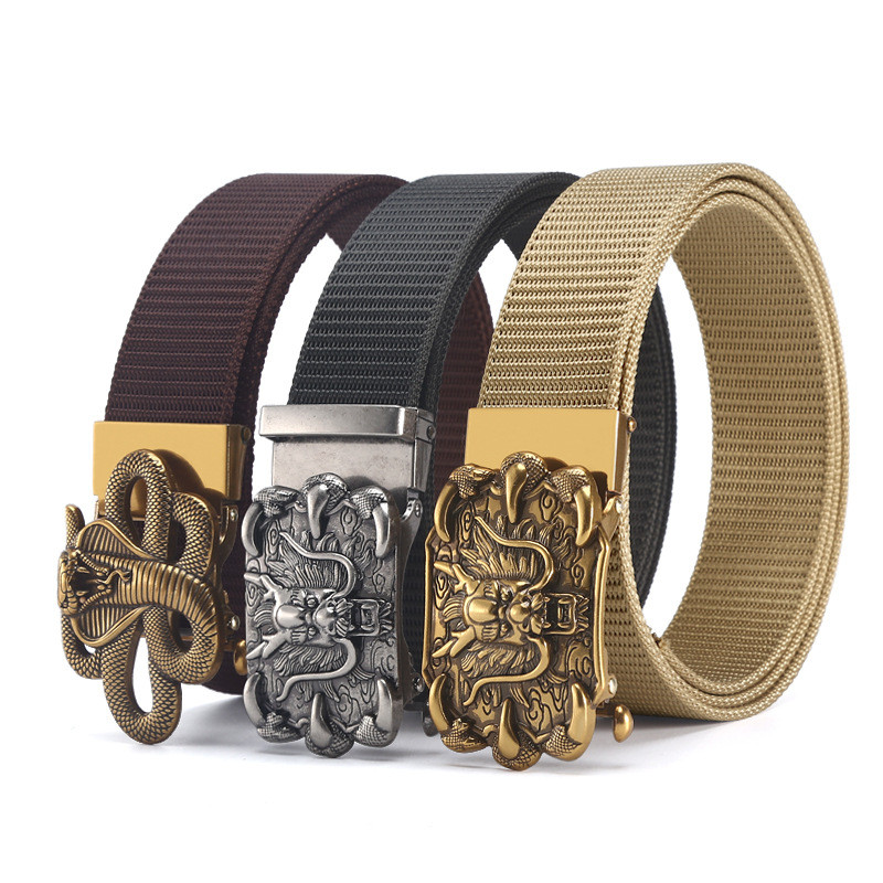Sabuk pria nilon olahraga dengan gesper perunggu antik baru dan kepala gesper otomatis dari logam ca