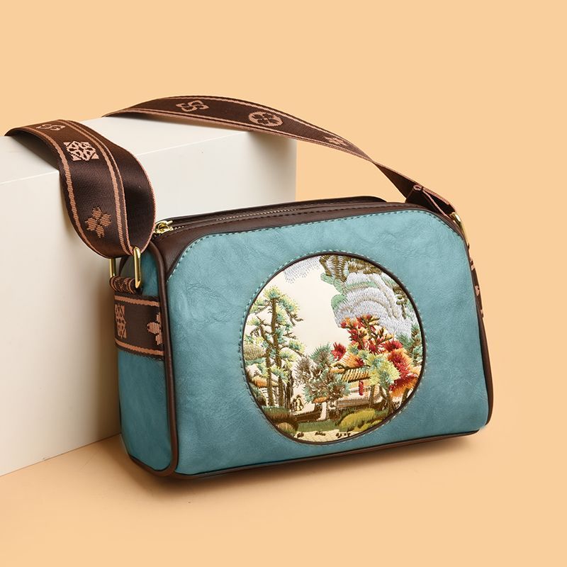 Tas retro bersulam wanita tekstur kulit tas selempang bahu Boston