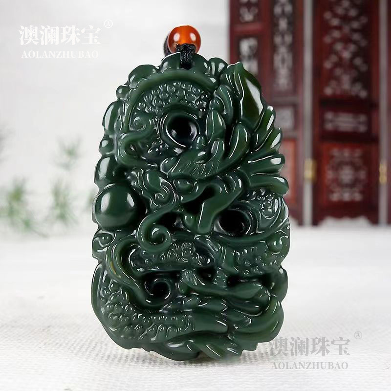 Liontin Naga Zodiak Giok Hijau Hotan Xinjiang untuk Pria dan Wanita, Liontin Jimat Naga Jadeite