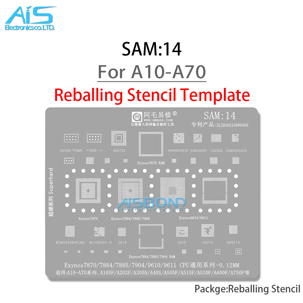 Stensil Reballing BGA Amaoe SAM14 Untuk Exynos 7870 7884 7885 7904 9610 9611 CPU A10 A30 A50 A70 A10