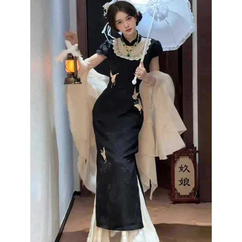 [COD] Gaun Panjang Cheongsam yang Disempurnakan dengan Motif Kupu-kupu Cantik Gaun Bodycon