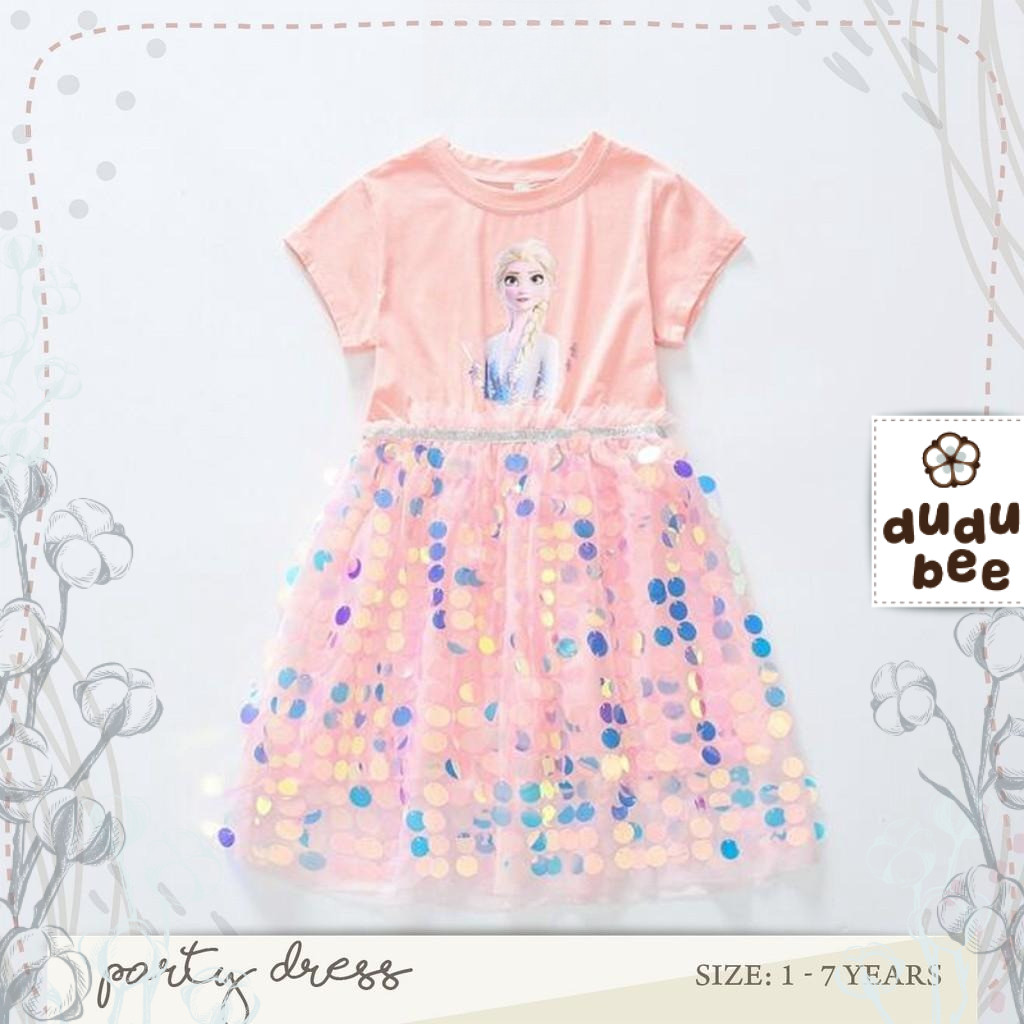 Dress Anak Bayi SEQUIN SOFT PINK Princess Elsa Frozen Disney - Baju KOREA Baby Bayi Anak Gaun Tile T