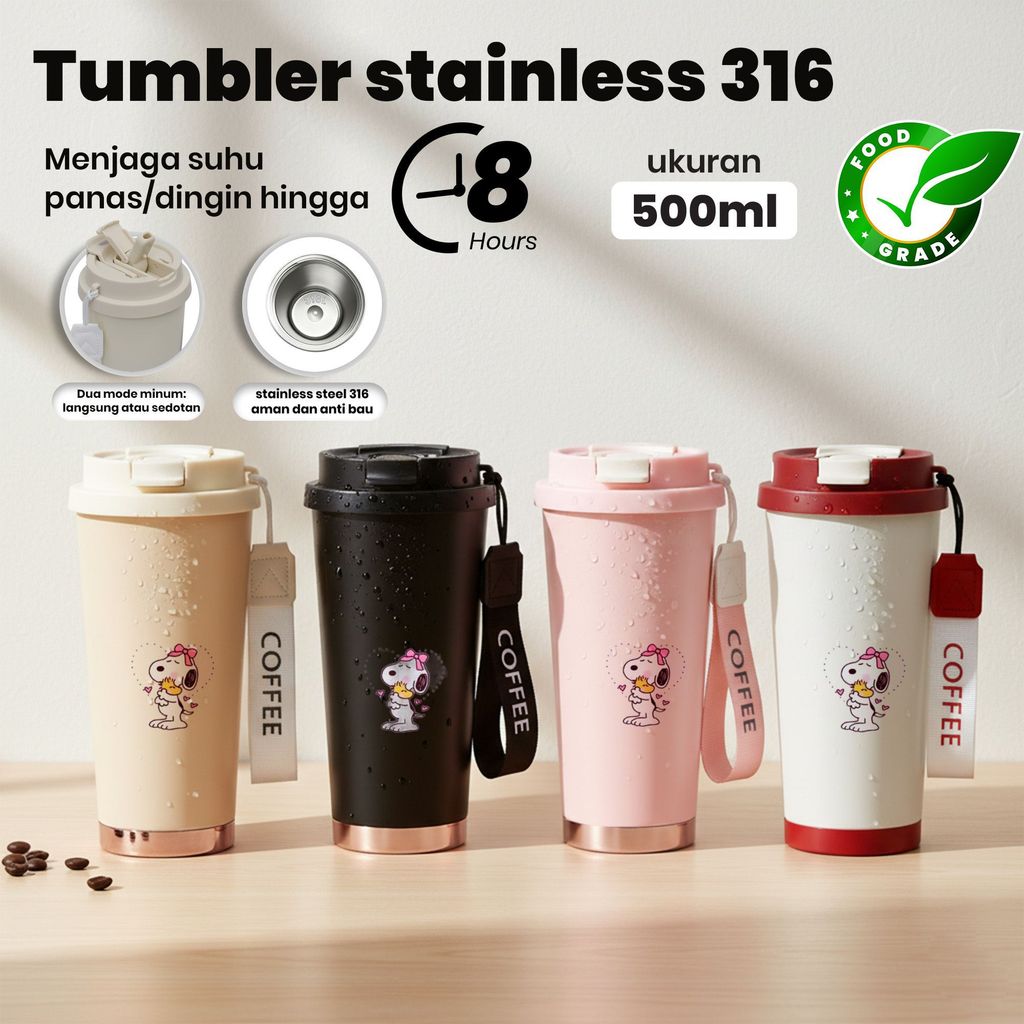 Tumbler Stainless Steel 316 Kapasitas 500ml Karakter Snoopy Warna Beige Hitam Merah Muda Putih Label