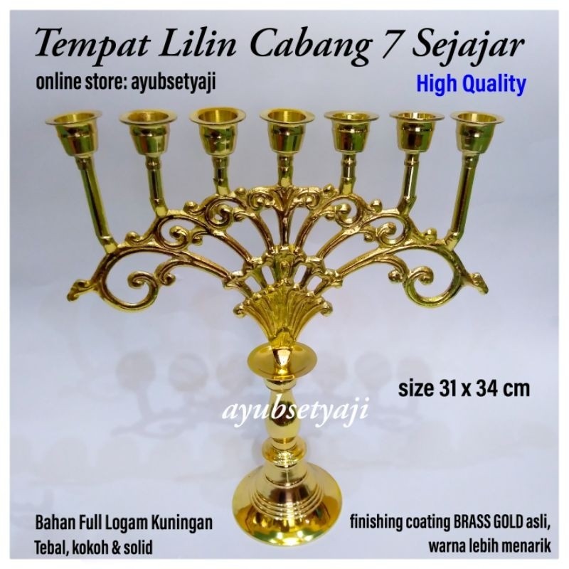 Tempat Lilin Cabang 7 sejajar FULL Kuningan solid Menorah Kuningan Kaki Dian BRASS Gold antik menora