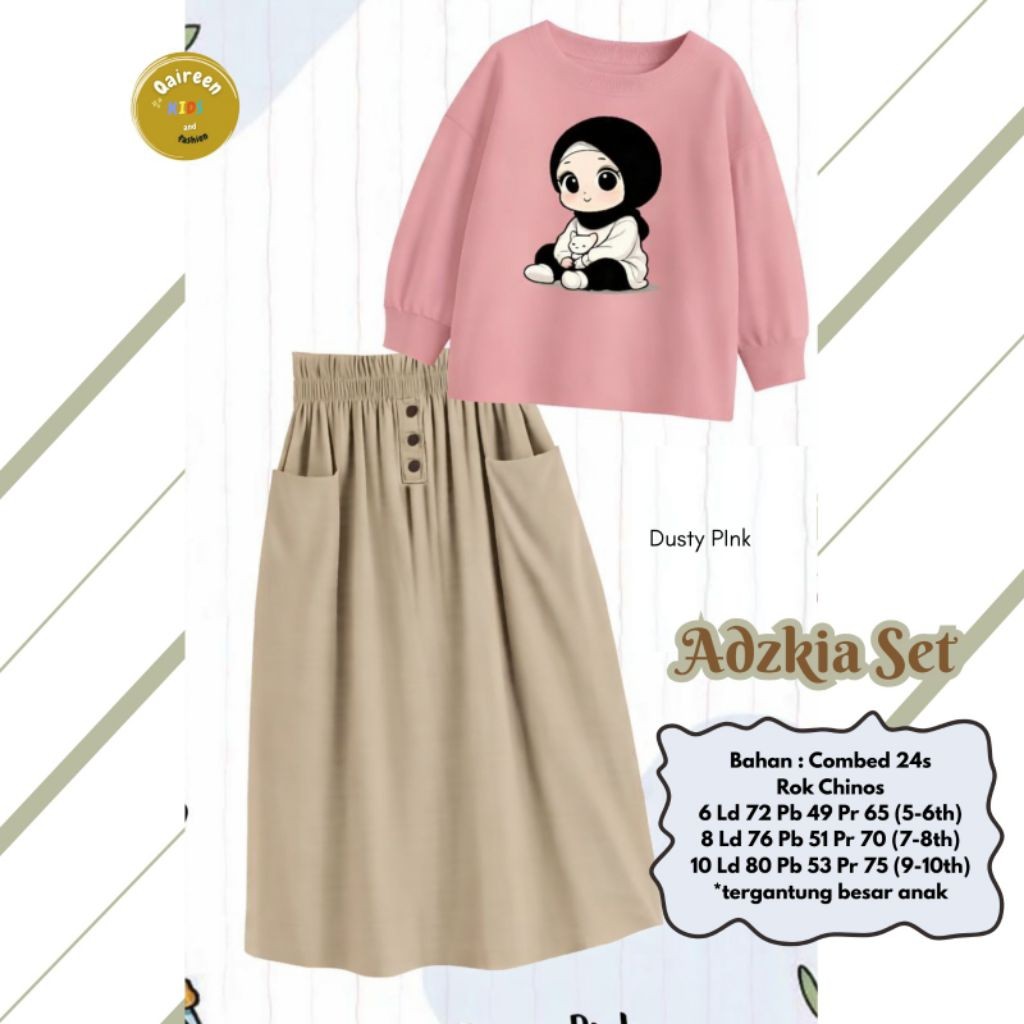 1101  Adzkia setelan rok chinos muslim anak perempuan by Qaireen  // ONESTUFF