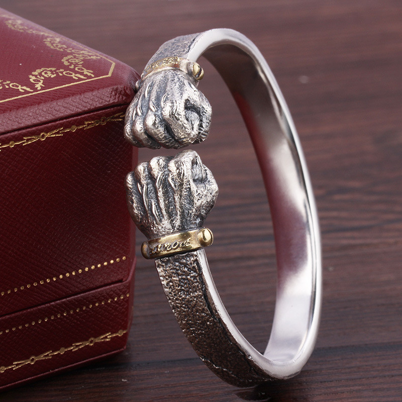 Gelang perak pria kepribadian retro solid pembukaan tinju kekuatan tinju gelang.