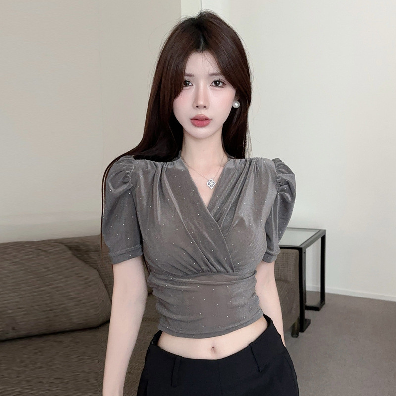 Pakean Wanita V Kerah Mengkilap Silang Pinggang T Baju Kaos