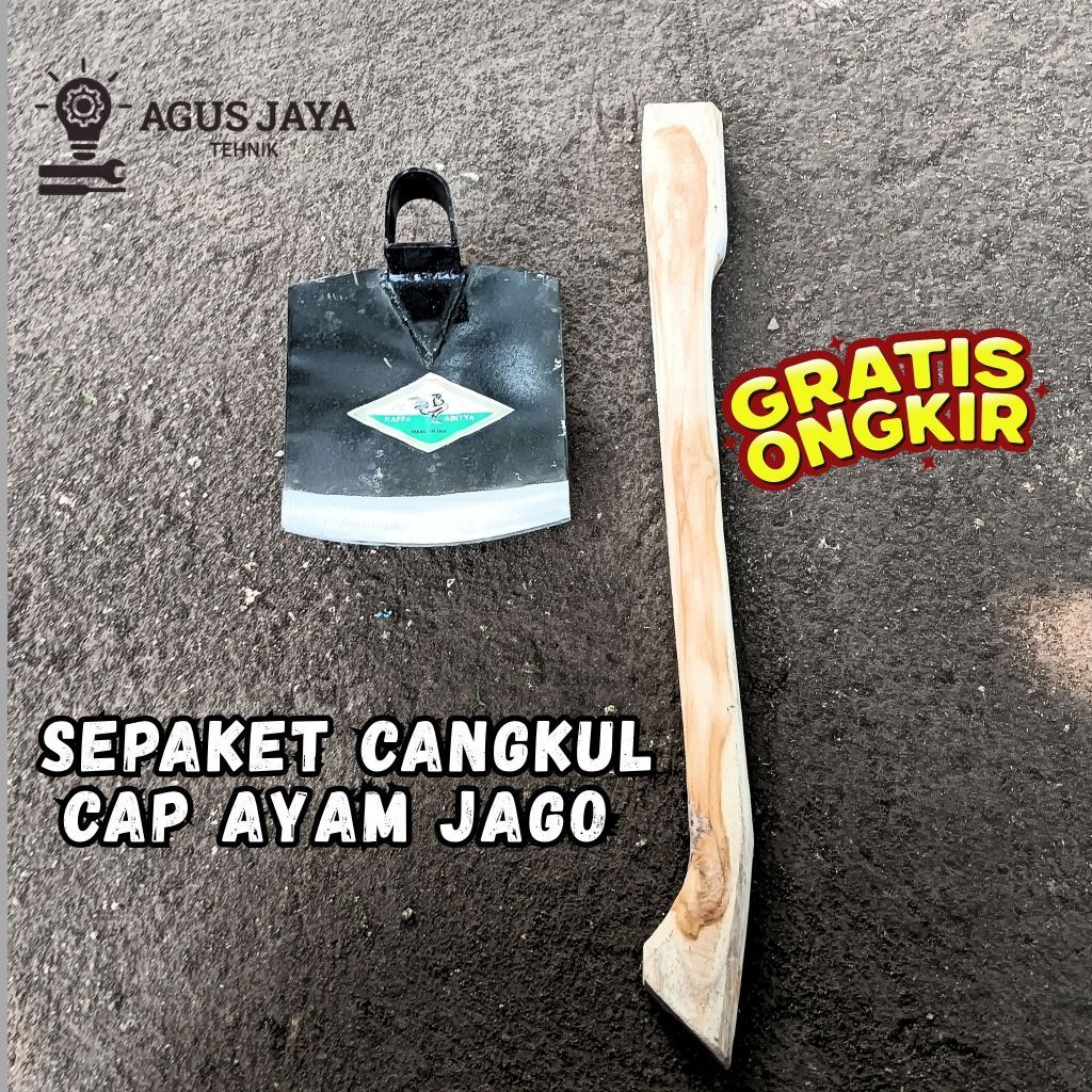 Satu Set Cangkul Cap Ayam Jago + Gagang  Kayu Jati / Cangkul Asli Sepuhan Made In Jawa