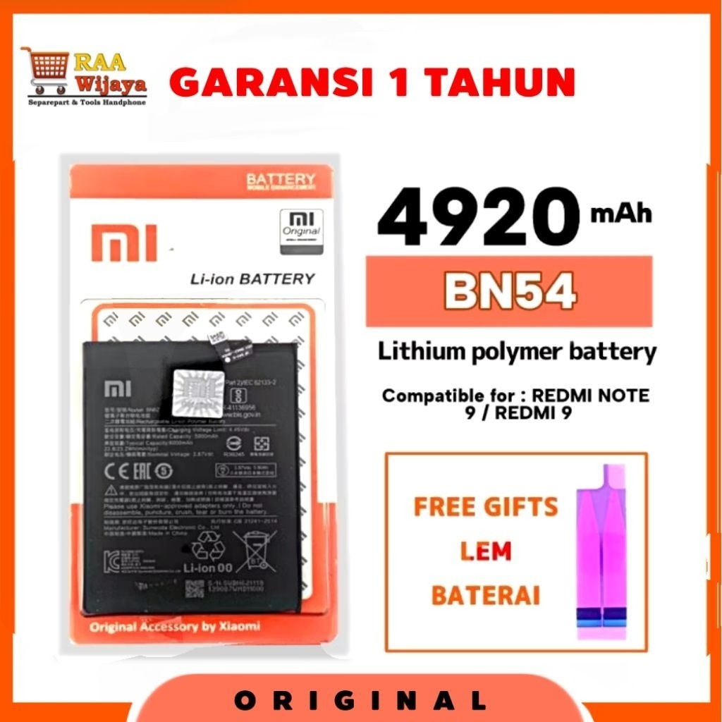 Baterai Batre BN-54 Untuk Redmi Note 9 / Redmi 9 BN54 (FREE LEM)