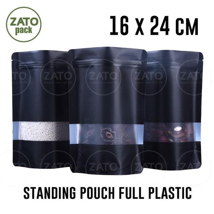 16x24 - 50 pcs BLACK STANDING POUCH FULL PLASTIC - kemasan packaging bungkus standing pouch ZATOPACK