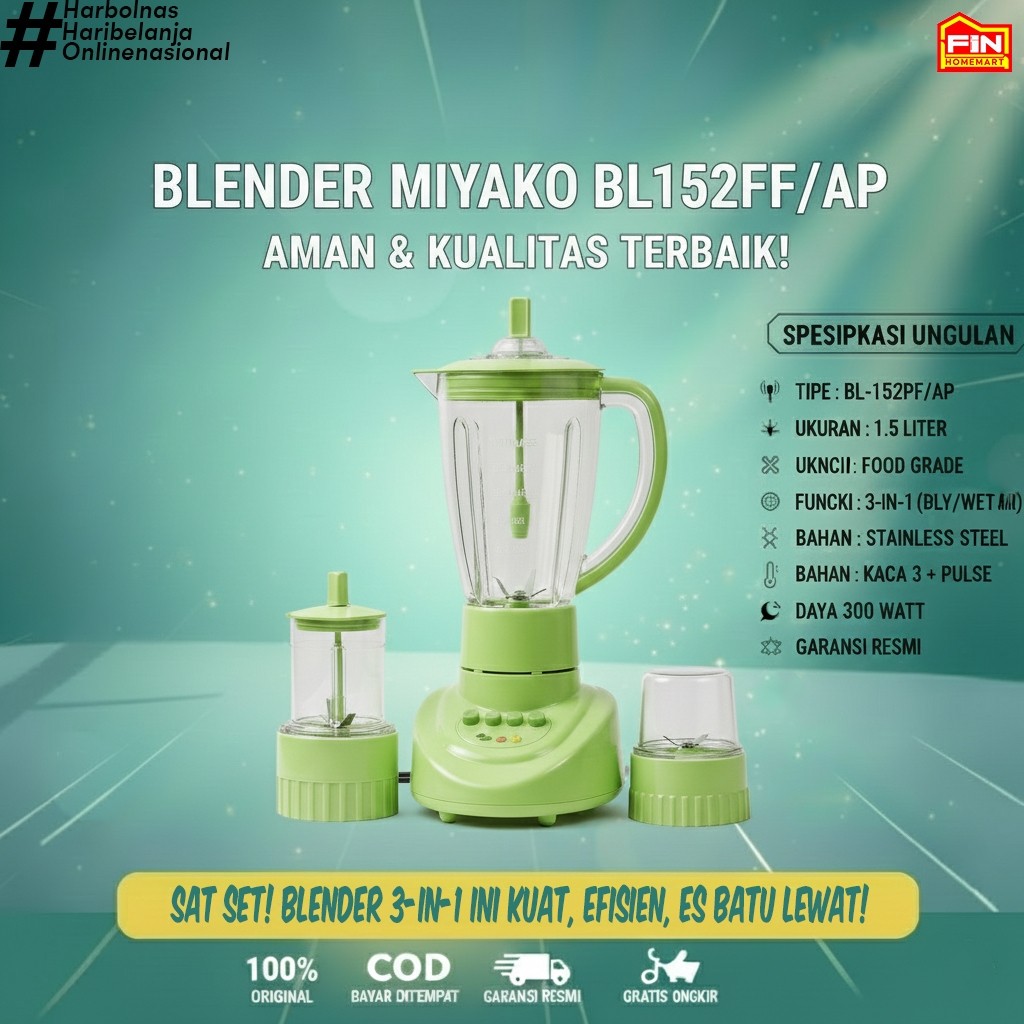 Blender Miyako BL-152 PF/AP 1.5 Liter Plastik Anti Pecah 3in1 - Lengkap Dry Mill & Wet Mill Original