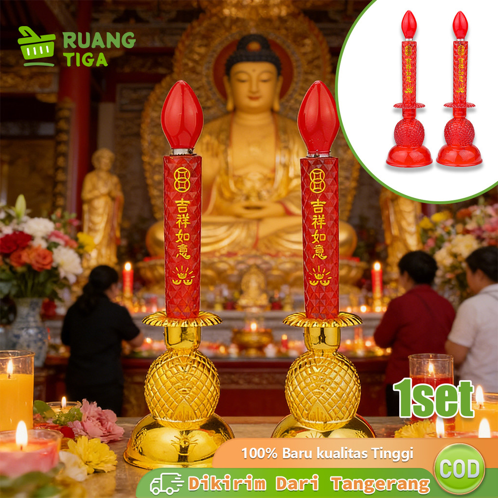 1Pasang Lilin LED Elektronik Bentuk Nanas Lampu Fu Cai Lilin Elektrik Altar Sembahyang