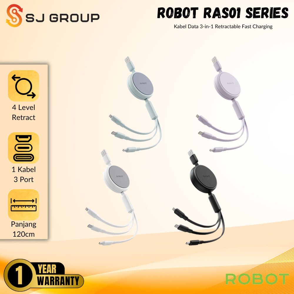 Robot Kabel Data 3-in-1 Retractable Fast Charging 35W RAS01 Series Garansi 1 Tahun