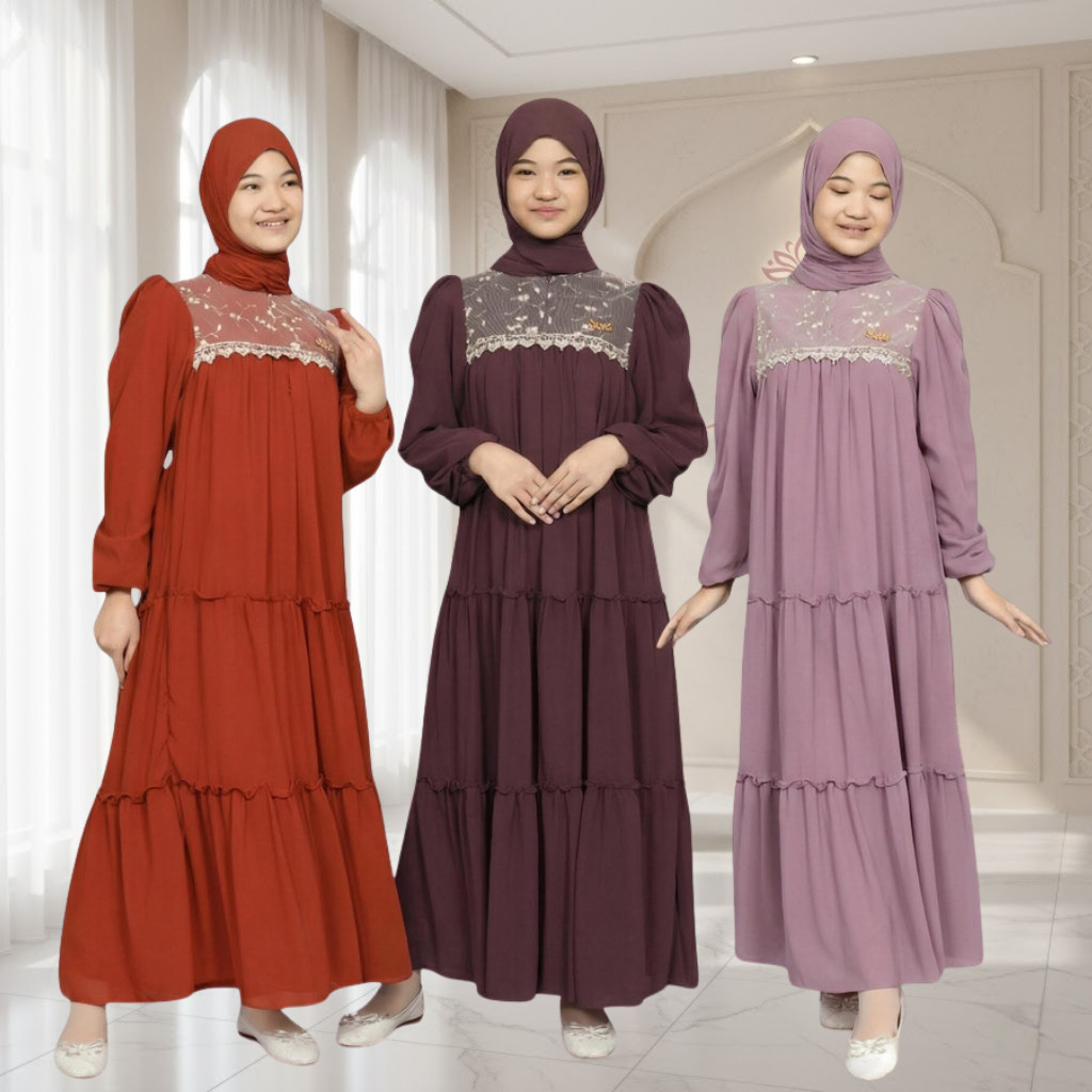 Abaya  Anak Perempuan Tanggung Pesta Mix Brokat Ceruty Babydoll Baju Lebaran Brukat Remaja Trend