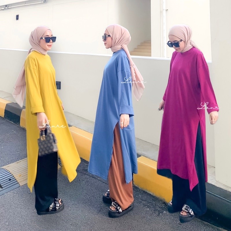 LOWESHOP Nuna Tunik Busui - Midi Dress Busui High Slit - Tunik Jumbo Bahan Kaos - Atasan Warna Putih