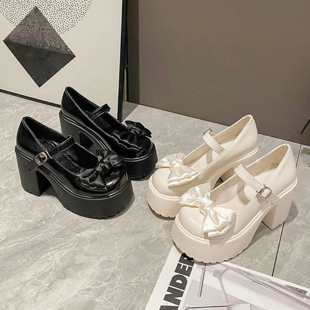 8213 sepatu mary jane wanita cewek kekinian hitam putih pantofel high heels chungky import