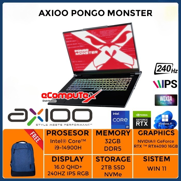 AXIOO PONGO MONSTER I9 14900H RTX4090 8GB/ RAM 32GB 2TB SSD WIN 11 240HZ+16.0 QHD IPS RGB - GARANSI 