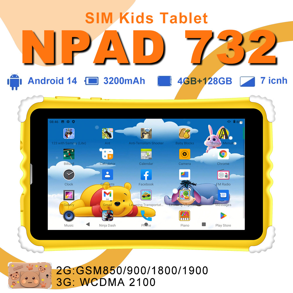 Android 15 Tablet for Kids 7 in Quad-Core, 128GB ROM 4GB RAM TF Card Expandable,SIM Card, Parental C