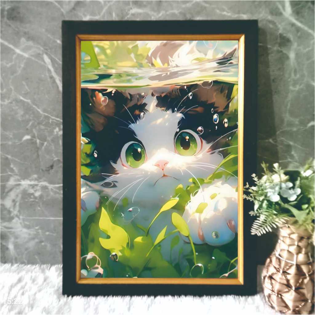 Hiasan Dinding Lukisan Cetak Kucing Putih Bingkai Kayu Mika 65 cm x 45 cm Klaskik Modern