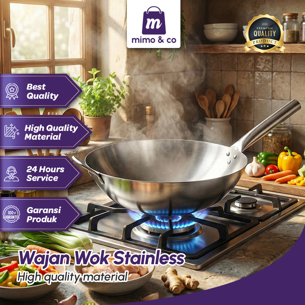 Mimo&Co Wajan Wok Stainless Steel Kuali Penggorengan Anti Lengket 34-43 CM G215