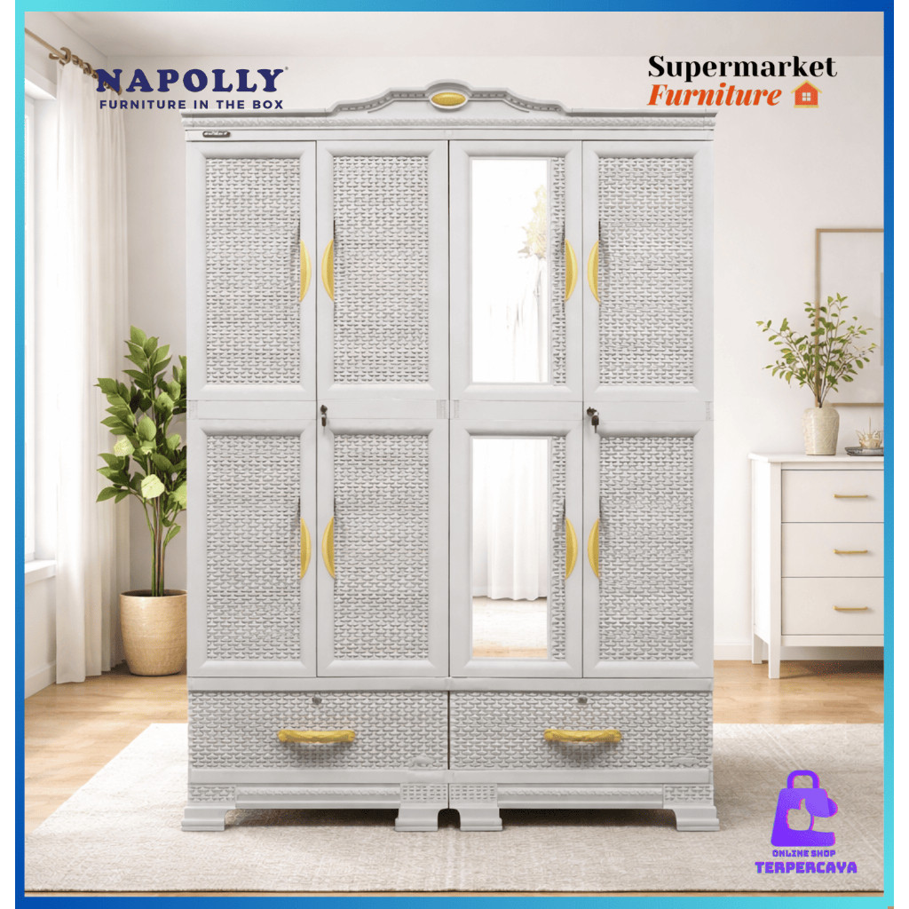 LEMARI PLASTIK NAPOLLY 4 PINTU CABRO 466 22.DK GANTUNGAN ROTAN CERMIN PUTIH CERMIN