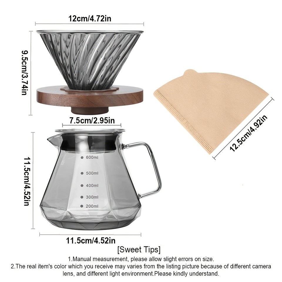 Pour Over Coffee Maker Set, 20 oz Borosilicate Glass Carafe with 100 pcs V02 Paper Filter, Waut Hand