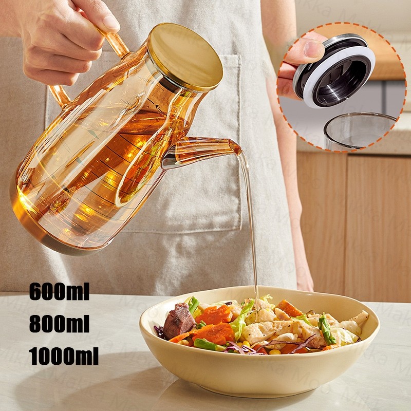 Oil Pot Botol Minyak Kaca Teko dengan Tutup Stainless Steel Kaca Tahan Panas Tempat Penyaringan Oil 