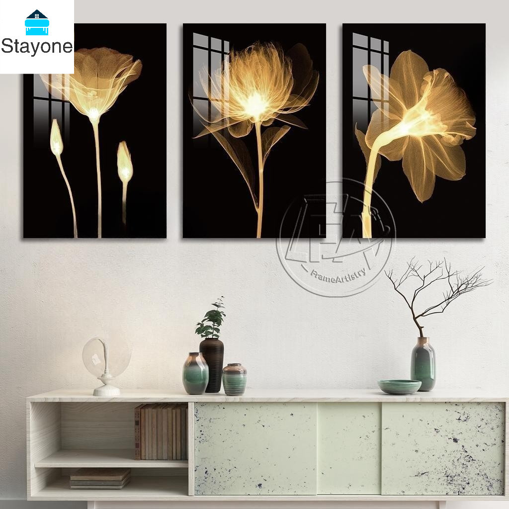 Hiasan Dinding 3 Panel Kristal Keramik - Bunga Abstrak Mewah Untuk Sofa Ruang Tamu