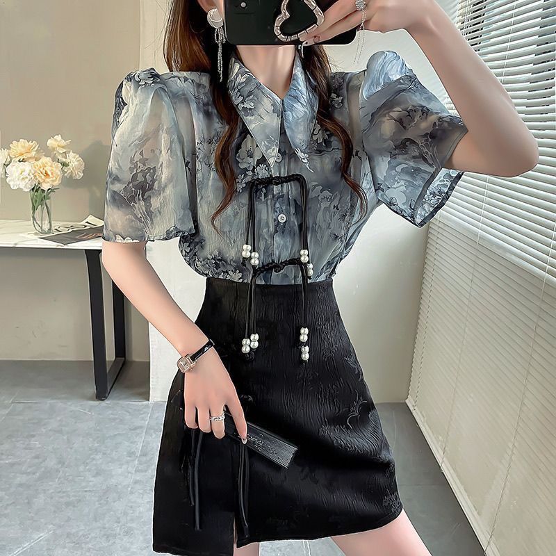 [Bulan Lembut] [COD] Kemeja Chiffon Lengan Pendek Gaya Cina Terbaru dengan Kancing Simpul Cina
