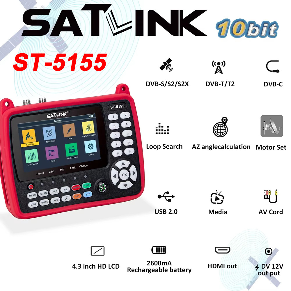 Original Satlink ST-5155 DVB-S2/T2/C COMBO Sat Finder Satellite Signal Finder Meter H.265 MPEG-4 16A
