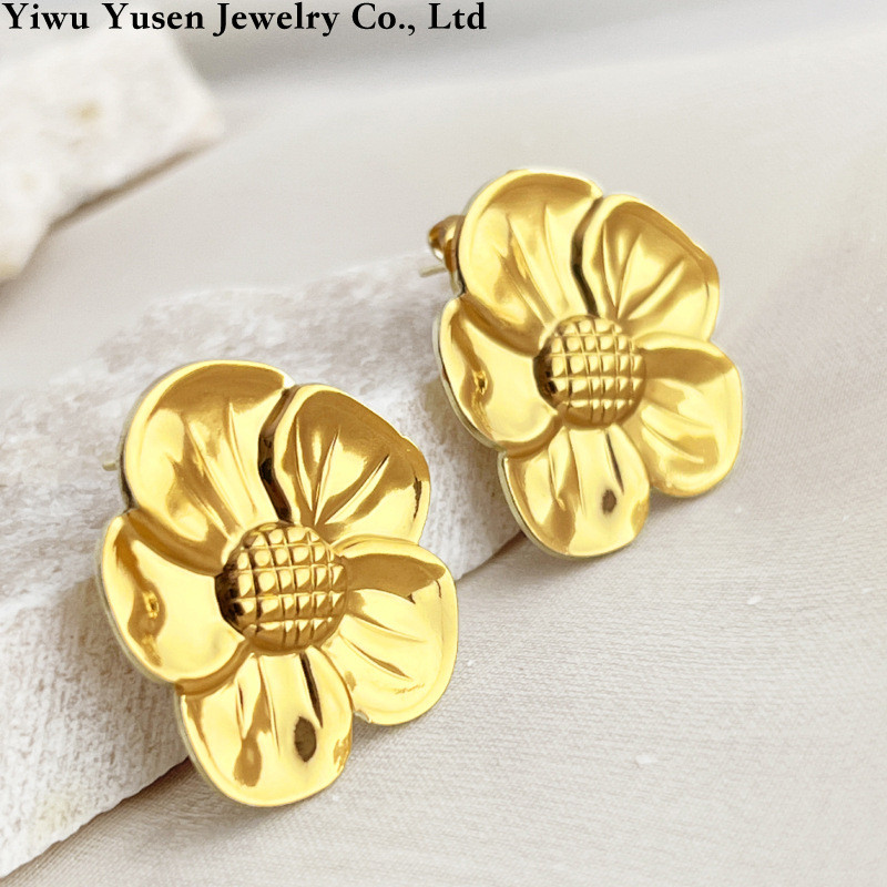Anting Stainless Steel 18K Anting Stud Pola Bunga Matahari Berlapis Emas Anting-anting Pribadi