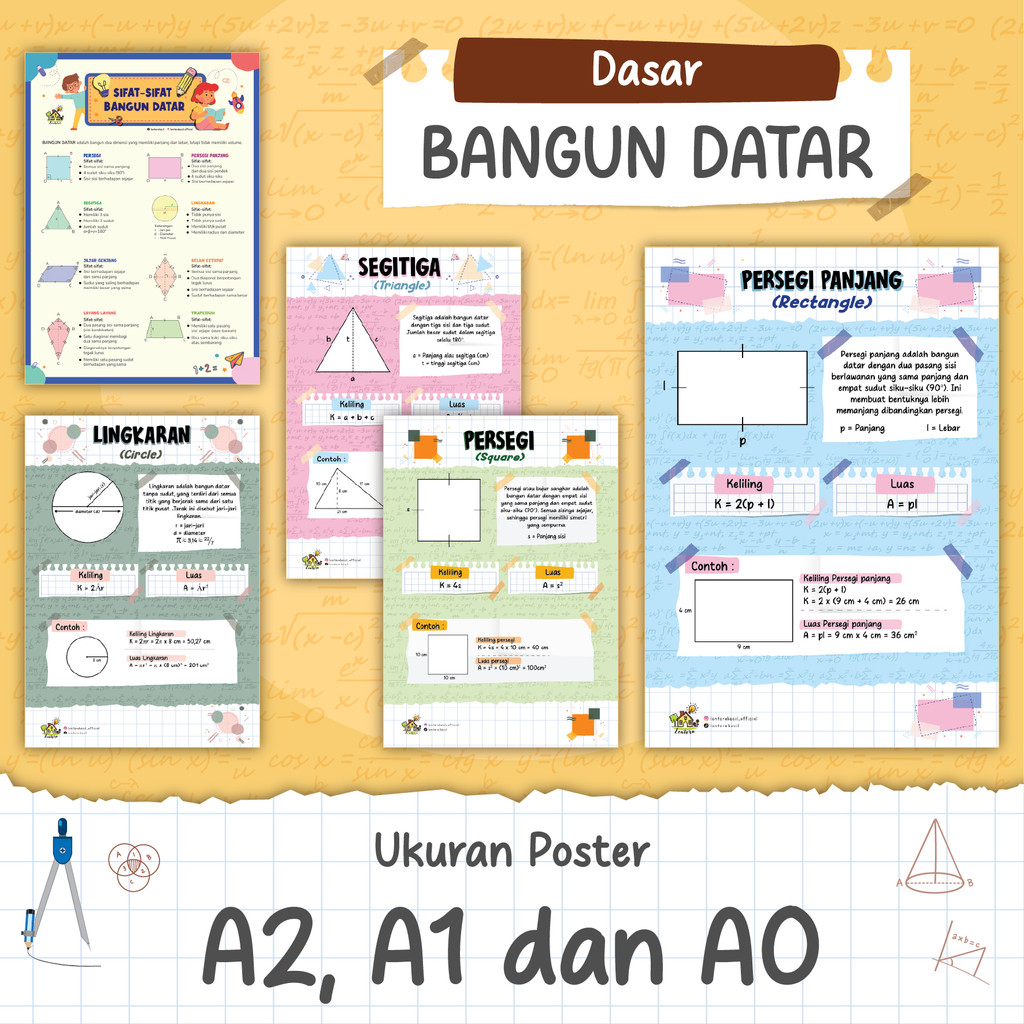 Poster MATEMATIKA Rumus Bangun Datar Ruang Alat Peraga Edukasi Angka Romawi Konversi Satuan Pecahan 