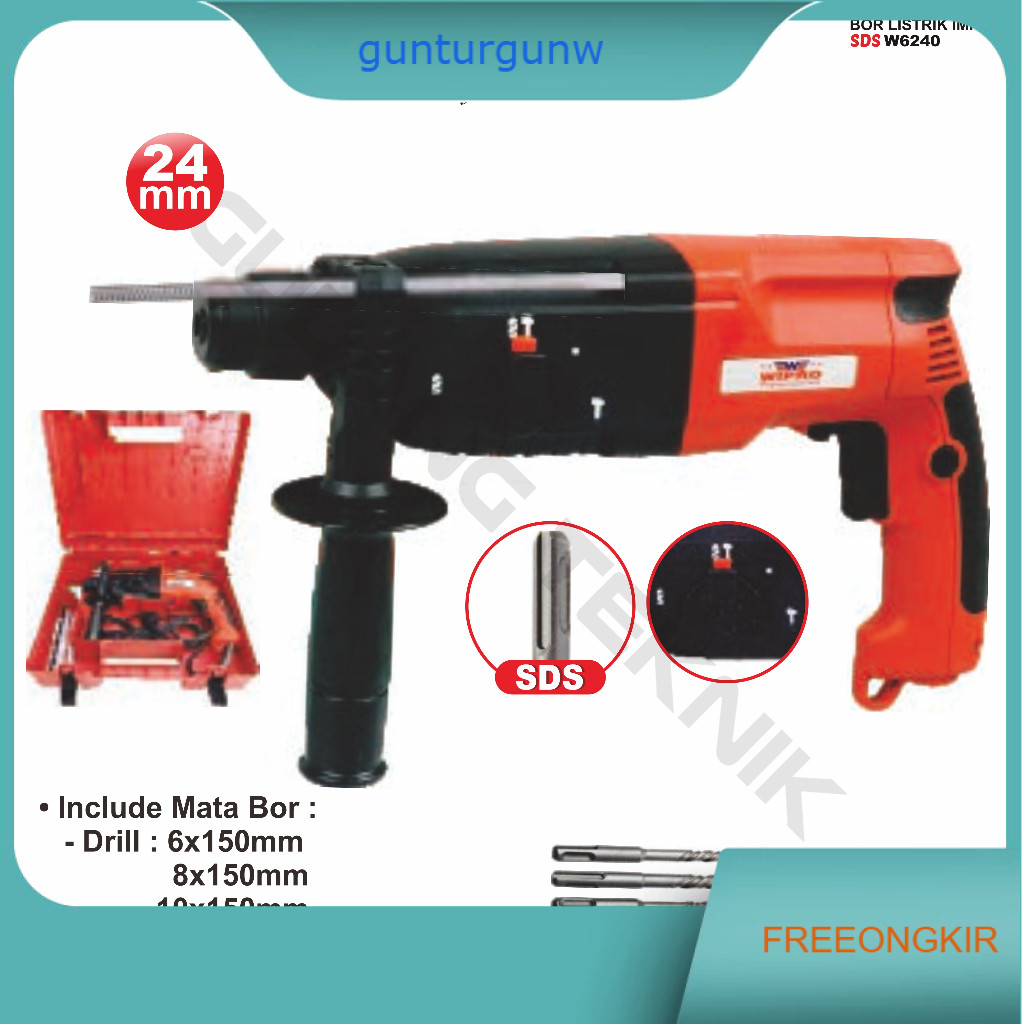 Bor Tangan Listrik Impact SDS 24mm WIPRO W-6240 / Bor Listrik Beton Impact SDS W 6240 W6240 WIPRO