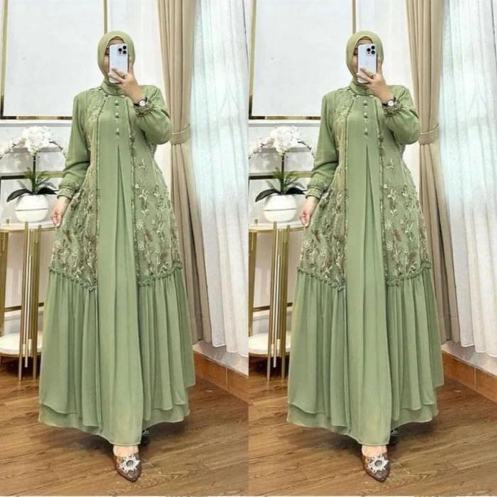 Alluna Dress Brukat Tulle Gamis Muslim Dress Murah Gamis Syari - SAGE, M