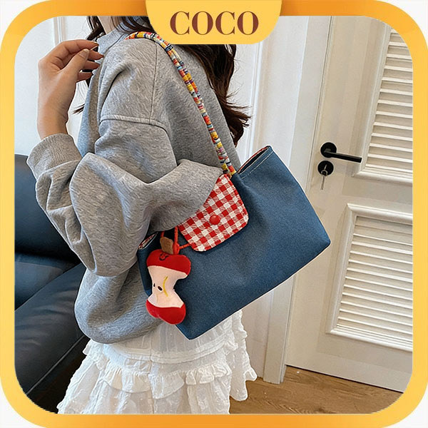 Tas Selempang Besar Bergaya Korea / Tas Kanvas Denim Kotak-kotak / Tas Tote Serbaguna Untuk Kerja Da